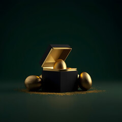 Luxury golden eggs in black gift box: Premium Easter surprise with gold dust