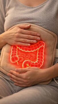 Woman female adult stomach abdomen belly intestine colon anatomy organ pain abdominal cramp digestive health gut inflammation irritable bowel heat therapy hot pad warm compress home remedy menstrual
