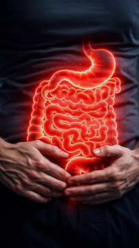 Stomach pain abdominal cramp digestive problem gut health intestine anatomy ulcer inflammation irritable bowel gastric disease medical issue glowing intestine illustration showing abdominal discomfort