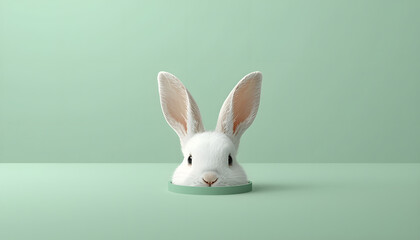 Minimalist white Easter rabbit head: Cute 3D bunny popping out of mint green background