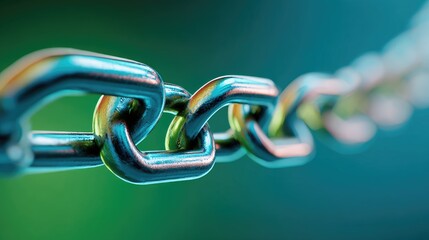 Macro shot of a shiny metal chain links, blurred background with green and blue gradients