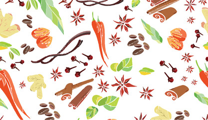 Food set seamless pattern with spices and coffee beans. Vector illustration
