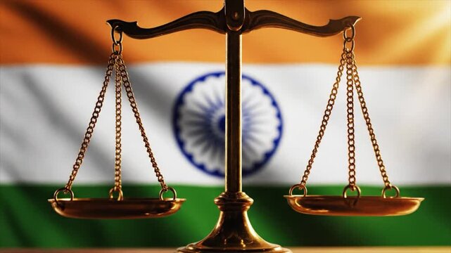 Golden scales of justice balanced in front of the Indian flag representing law and equality