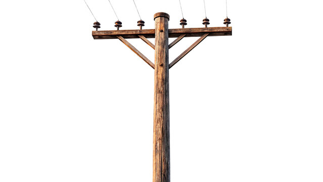 wooden pole with electricity wires on transparent background