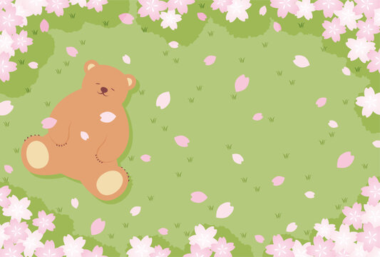 spring vector background with pink cherry blossoms and a bear sleeping on the green field