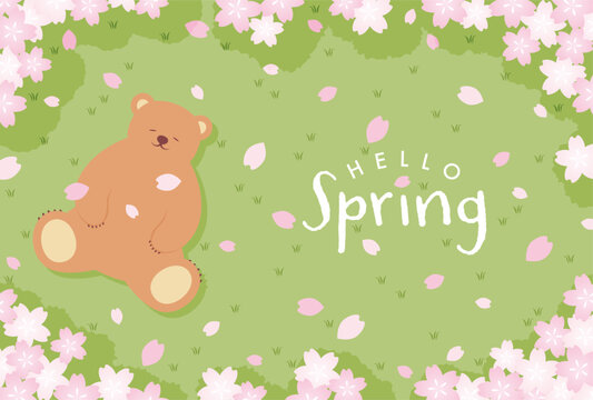 spring vector background with pink cherry blossoms and a bear sleeping on the green field