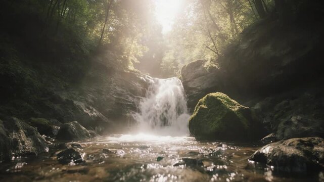 Forest Waterfall with Soft Sunlight Beams Natural Cinematic Video