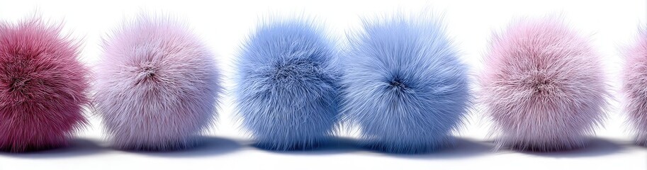 Several colorful, fluffy, orb-shaped objects sit in a row against a bright white background