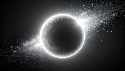 Obraz premium Celestial scene with central black circle, glowing luminous ring, stream of white particles crossing horizontally, dark cosmic background, symbolic visualization of black hole, eclipse, or galactic fo