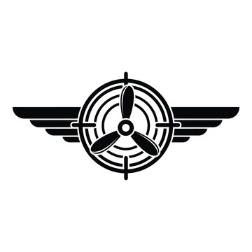 Black and white airplane propeller with wings symbol  aviation logo design element icon