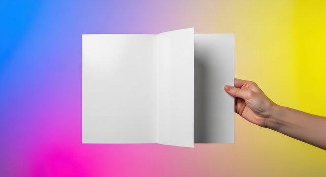 Hand holding blank open brochure 1.