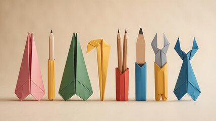 Colorful origami figures creatively designed to resemble everyday tools and objects