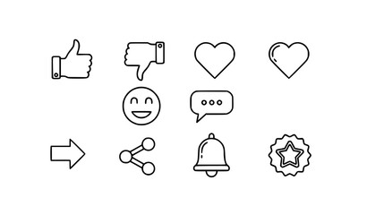 Minimal Social Media Engagement Icon Set – Thumbs Up, Heart, Comment, Share, and Notification Symbols Vector © Morjina