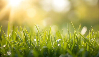 Sunny morning nature background &ndash; Fresh meadow grass blades backlit by golden sunrise light
