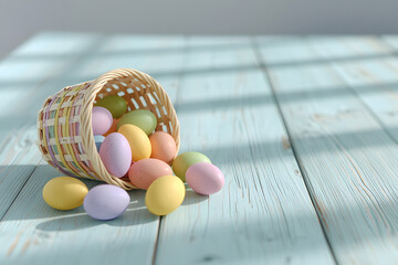 Happy Easter holiday card &ndash; Rustic spring composition with dyed eggs on timber table