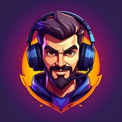 Cartoon man with headset, orange eyes, and dark beard, on stylized purple/orange background