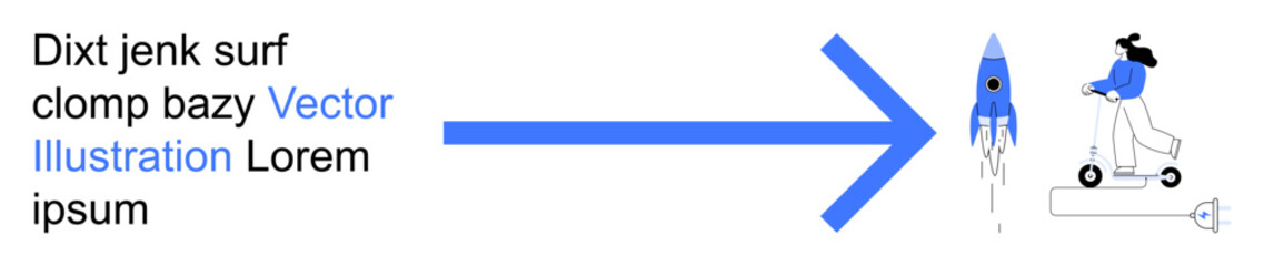 Innovation, progress, futuristic concepts, business strategy, creative thinking, mobility. A rocket and person on a scooter connected by an arrow. Innovation and progress concept