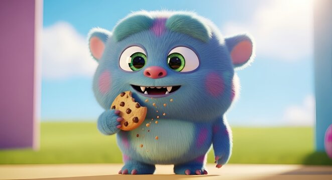 Adorable fluffy blue monster with green eyes and pink cheeks eating a chocolate chip cookie outdoors on a sunny day with a blurred background of colorful buildings and green grass