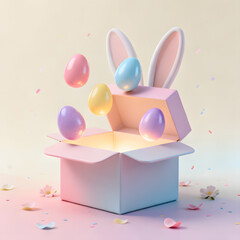 Happy Easter surprise: Open pastel gift box with flying eggs and bunny ears