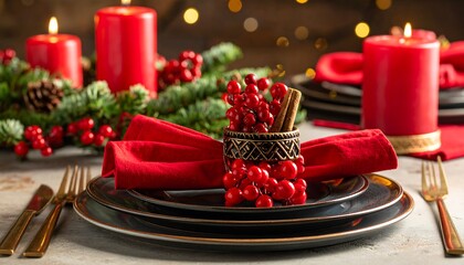 Holiday table setting with red candles, berries, and evergreen boughs, creating a festive ambiance