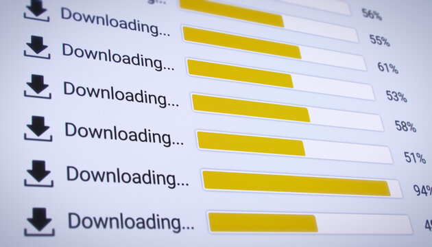 Illustration of the process of downloading multiple files from the Internet on a computer monitor screen. A computer monitor displaying information about the data download in real time.