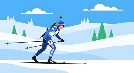 Obraz premium Flat Vector Illustration of Biathlon Athlete in Snowy Winter Mountain Landscape