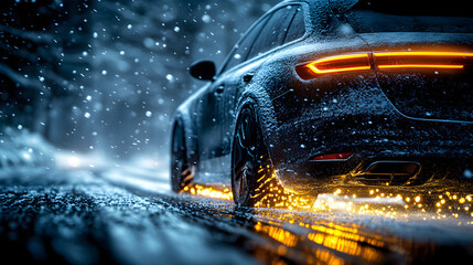 Snow falling on a car driving on a dark road at night with lights shining and sparks flying from the wheels