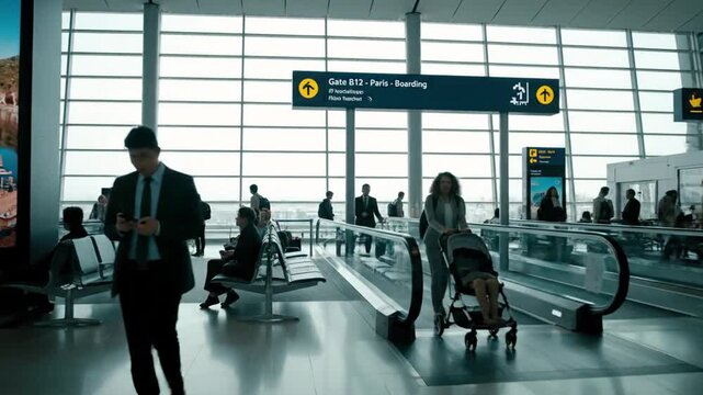 Travelers walking in modern airport terminal towards Paris gate