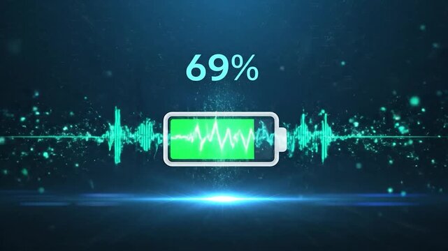 Digital battery charging with 69 percent, sound wave on a dark blue background