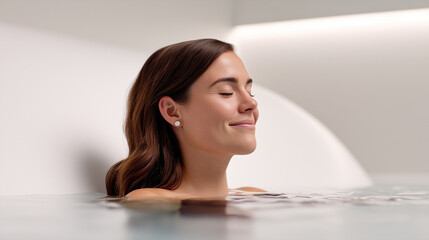 Obraz premium Woman floating in thermal pool, eyes closed, peaceful smile, white minimal spa interior, wellness relaxation, sensory therapy, clean water, luxury treatment.