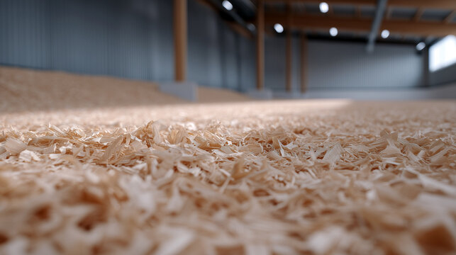 Sawdust bedding in barn, clean animal housing. Wood shavings floor, livestock facility interior. Agricultural use, farm bedding material, stable flooring, natural absorbent, animal welfare.