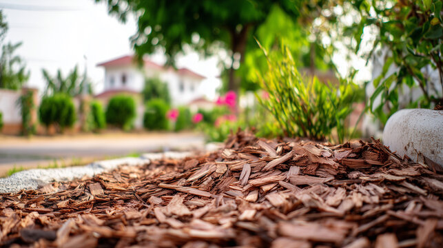 Wood chips mulch spread in garden bed around plants. Fresh shredded bark covering soil, landscaping material, residential yard background. Organic ground cover, gardening, outdoor maintenance.