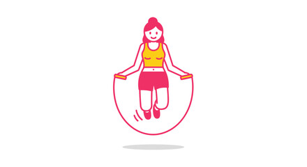 Fototapeta premium A young woman jumping rope in a minimalist pink and yellow vector illustration isolated on transparent background