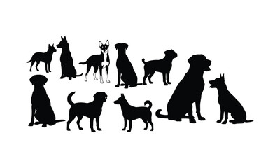 Fototapeta premium Various dog breeds silhouette collection vector set on white ground