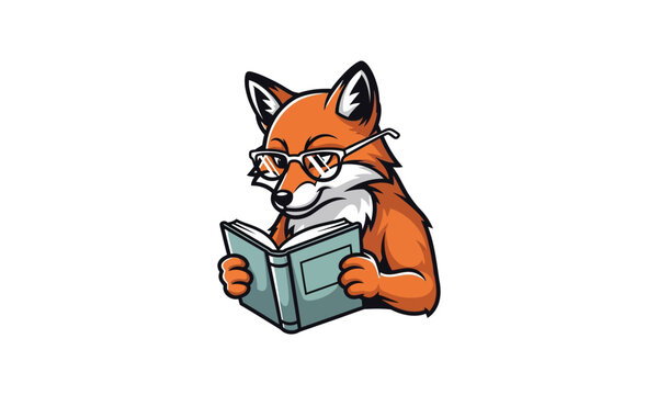 Smart fox wearing glasses reading book mascot logo cartoon character
