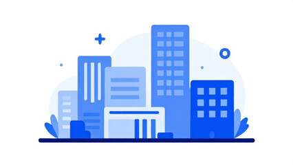 A modern cityscape vector illustration featuring a downtown urban skyline with skyscraper silhouettes, office building towers, and business architecture icons in a clean professional landscape design