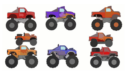 Cartoon monster truck vector collection with extreme off-road vehicles isolated on white background © MD