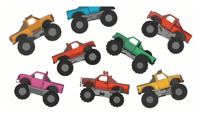Cute monster truck vector set with heavy off-road cartoon vehicles isolated on white background © MD