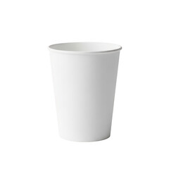 A single, empty, white disposable paper cup against a white background isolated on transparent background