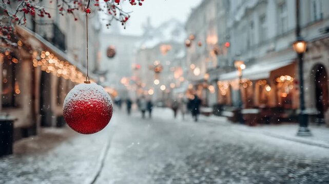 A red Christmas ornament hangs from a snow-covered tree branch, creating a festive winter scene.