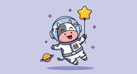 Cute Cow Astronaut Floating in Space Holding a Star Balloon Vector illustration. © NFS Studio