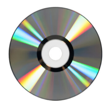 A close-up view of a compact disc with a reflective surface and colorful patterns isolated on transparent background