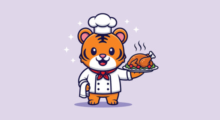 Obraz premium Cute Tiger Chef Holding Roasted Chicken Cartoon.