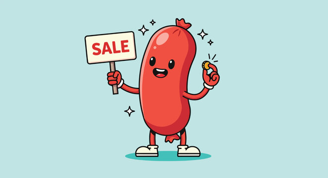 Cute Sausage Mascot Holding Sale Sign and Coin.