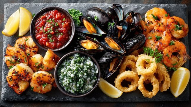 Seafood appetizer platter with shrimp mussels and calamari neutral slate background top-down composition Seafood dish