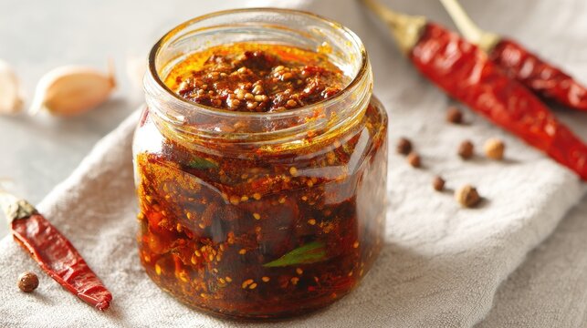 A clear glass jar of spicy mango pickle aam ka achar with mustard oil and spices visible isolated on a soft linen backdrop Traditional Indian Cuisine