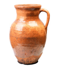 Vintage rustic glazed clay pitcher isolated on white. 