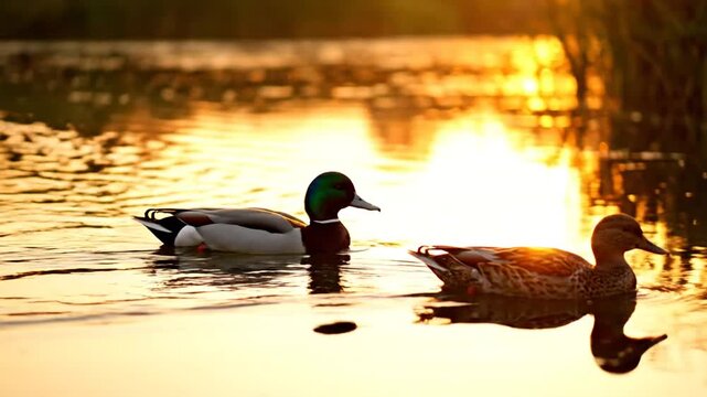 Two ducks swimming in golden water at sunset near reeds