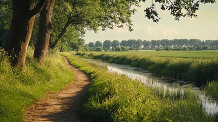 Obraz premium Walking trail through lush green fields and forests along a river in vasse village, dutch countryside near the german border