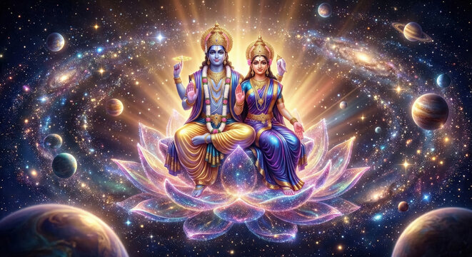 Lord Vishnu and Goddess Lakshmi Seated on a Lotus Flower in a Vi